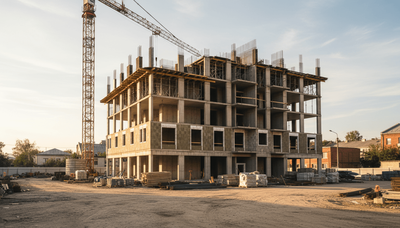 Modern mid-rise residential building under construction with crane