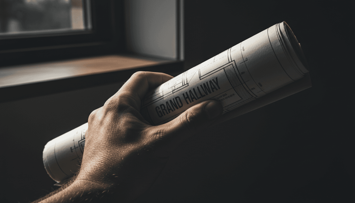 Hand holding rolled architectural blueprints