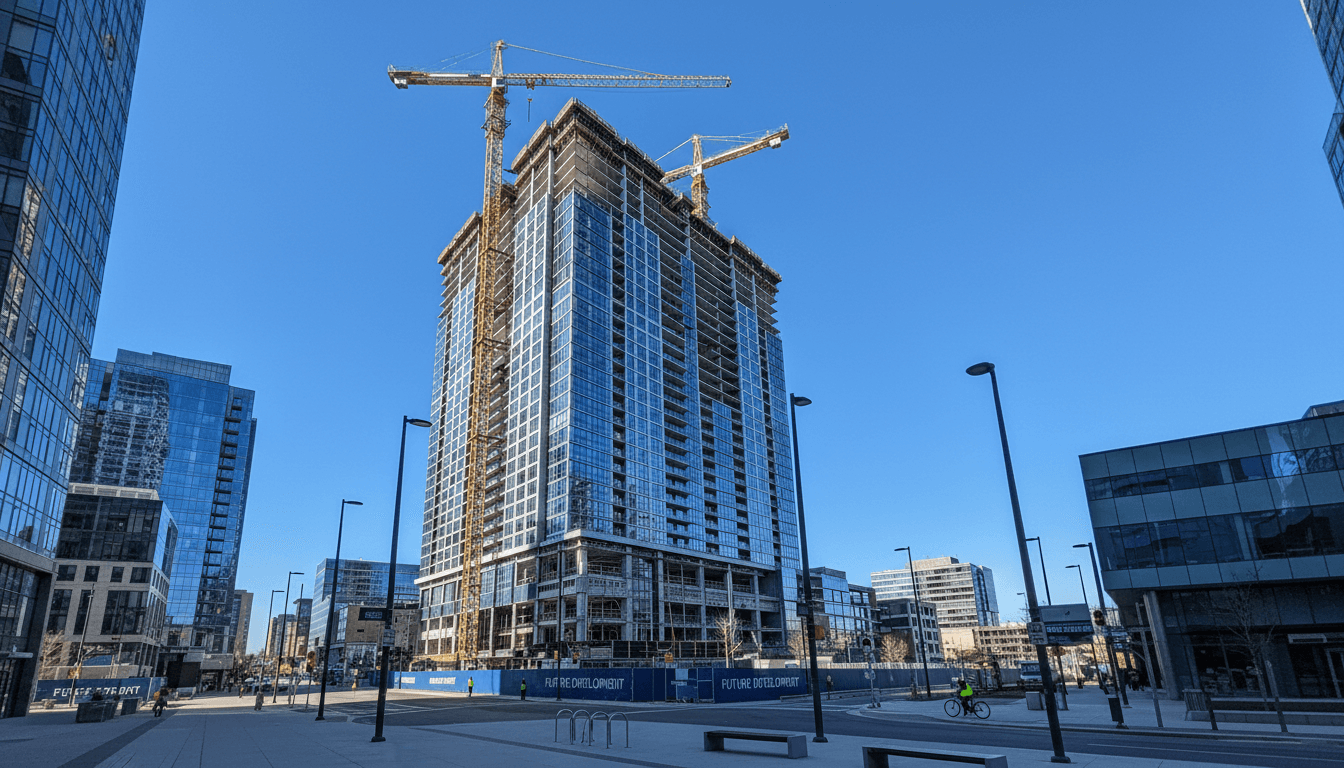 Modern high-rise building under construction with scaffolding