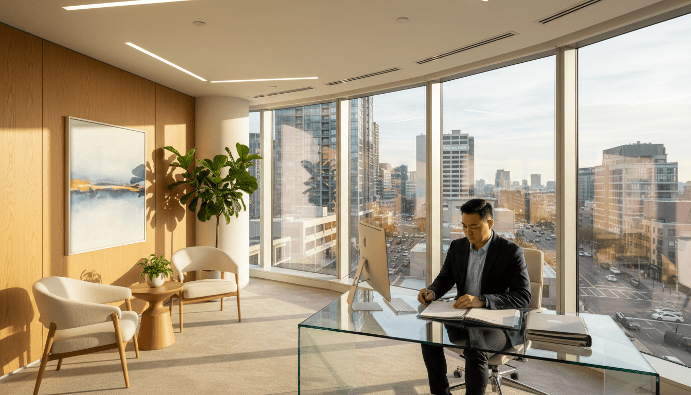 Modern office conference room with city skyline views through large windows