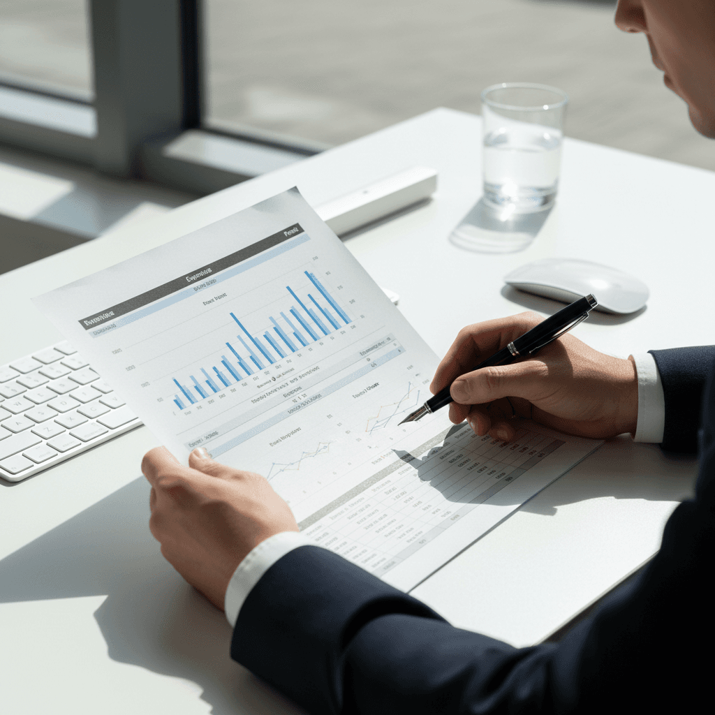 Analyst reviewing blueprints and financial documents