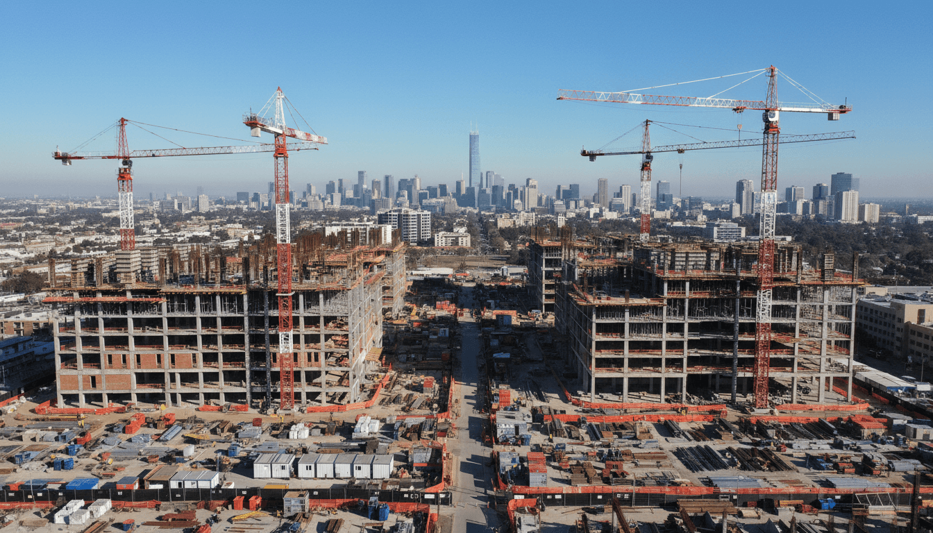 Aerial view of a modern mixed-use development under construction with cranes and steel framing