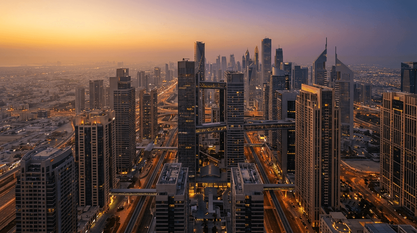 Modern city skyline at dusk with construction cranes and warm lights